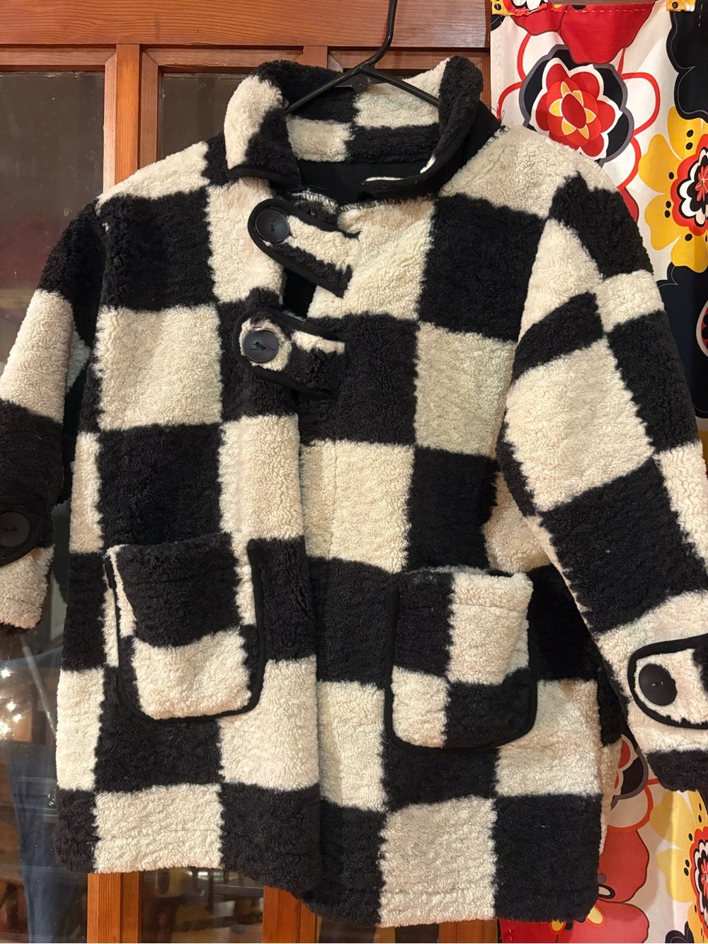 Kids Black & Cream Check Fleece Coat